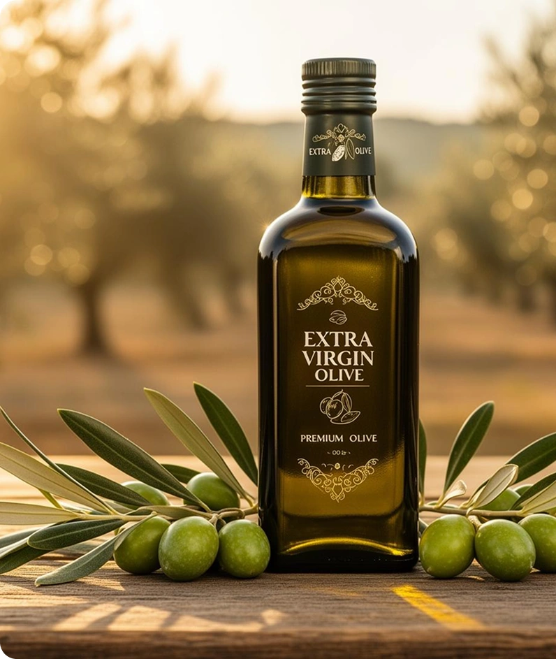 Rustik ahşap masada gün batımında taze yeşil zeytinler ve zeytin dallarıyla birlikte premium sızma zeytinyağı şişesi.