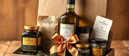 Cam kavanozlar, baharatlar ve premium ambalajla gourmet zeytinyağı ve organik gıda hediye seti.
